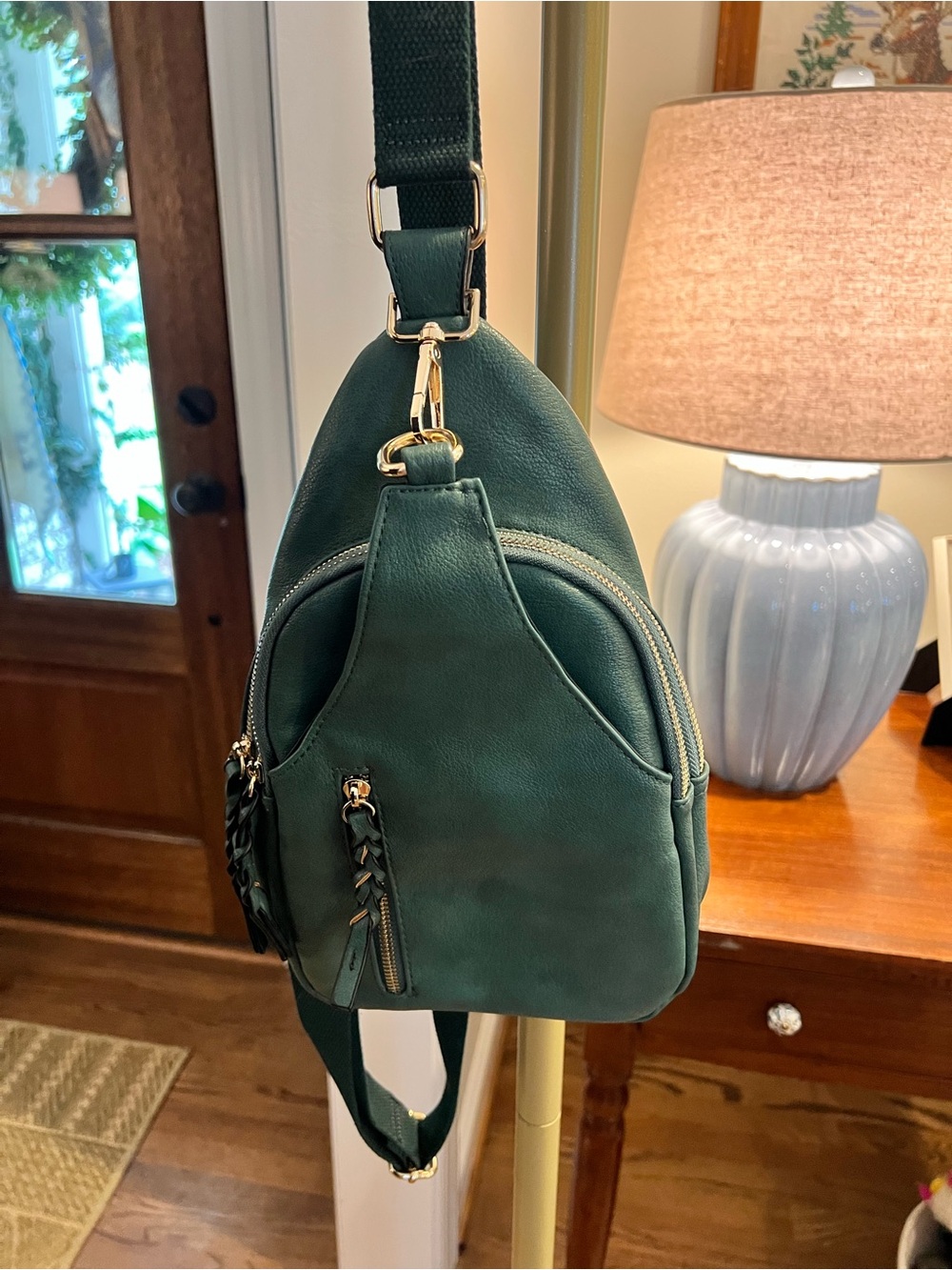 Emerald Green Faux Leather Crossbody Sling Bag with Gold Accents